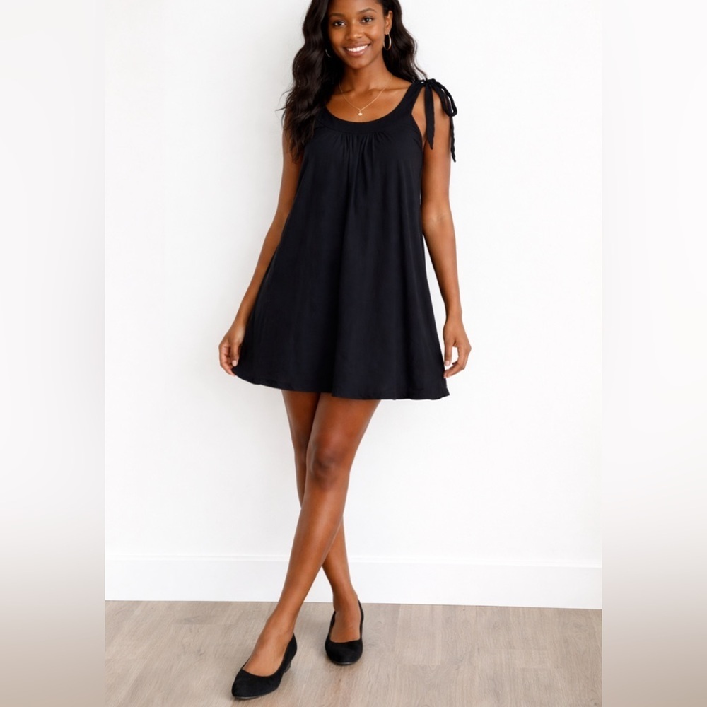 Theory Linen Blend Mini Babydoll Tunic Dress Black Party Minimalist  Layering